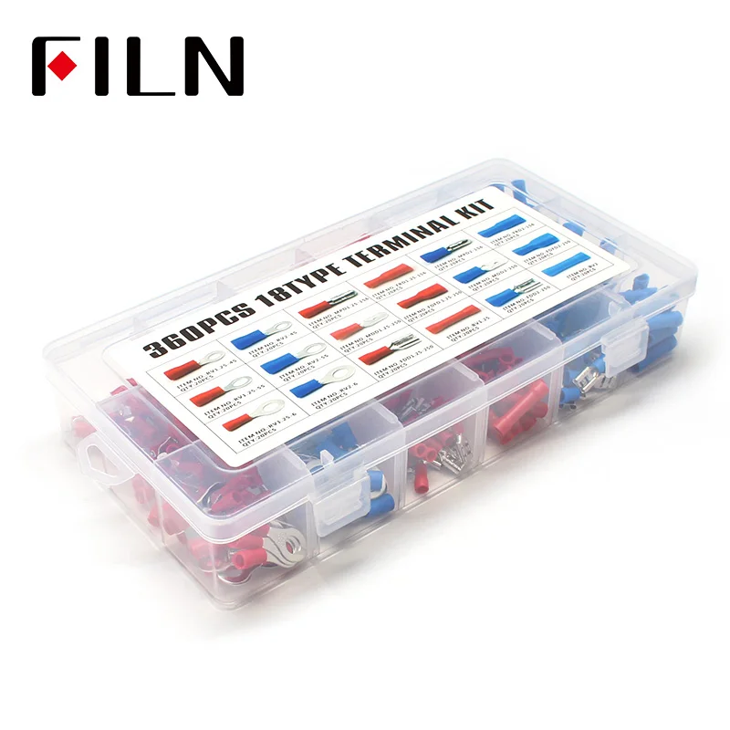 360pcs 18types Electrical Crimp Terminals Insulated Butt Connectors Spade Ring Fork Copper Terminators Set With Storage Box Red |