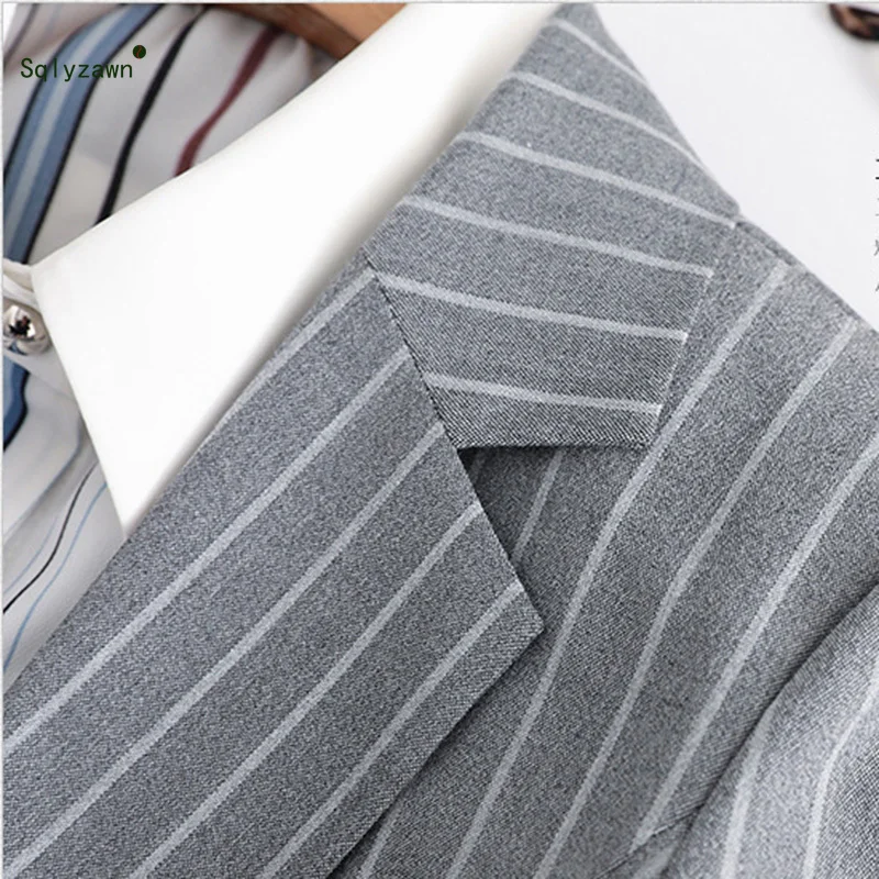 

High Quality Summer Women Stripe Pants Suits Fashion Female Formal Short Sleeve Blazer Jacket with Pants Office Ladies Work Wear