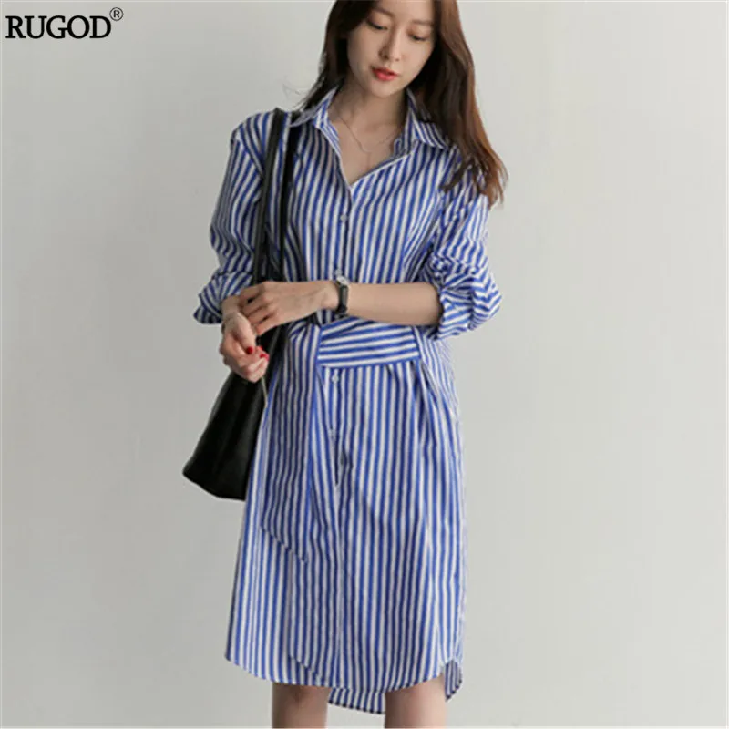 Rugod Blue Striped Tunic Shirt Dress Women Long Sleeve Elegant Straight Female Cusual Summer Office Ladies Vestidos | Женская одежда