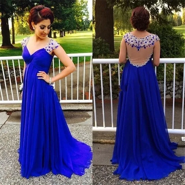 Chiffon Prom Dress 2017 V-Образным Вырезом Без Рукавов Sheer Вернуться Развертки Поезд