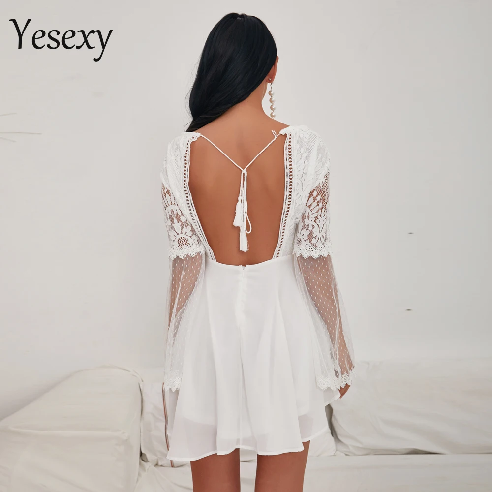 Yesexy 2018 женское сексуальное кружевное платье с глубоким v-образным вырезом
