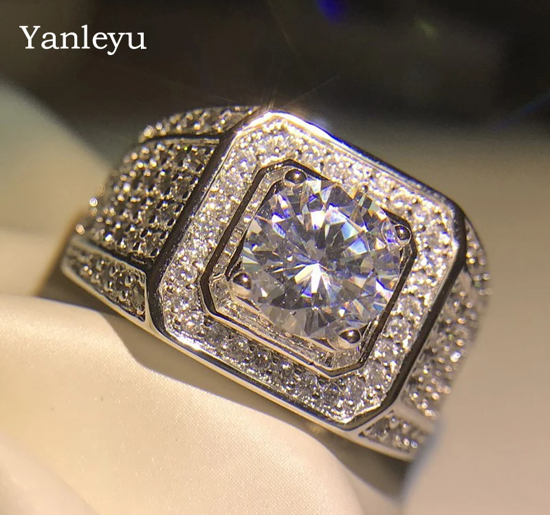 Yanleyu Luxury Fashion Men Jewelry Big Ring Real 925 Sterling Silver 2ct AAA Cubic Zirconia Wedding Engagement Ring PR246