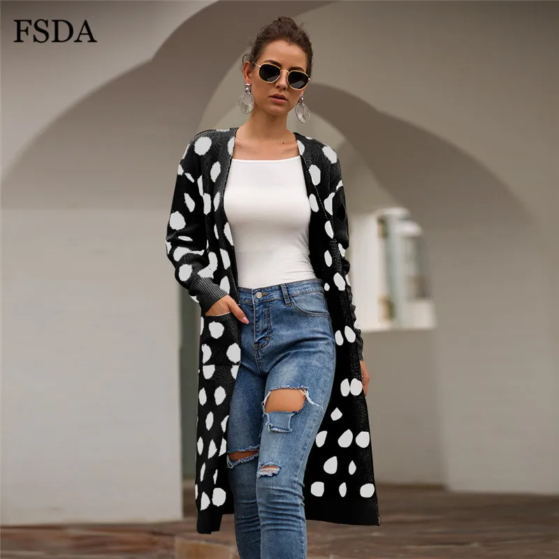 FSDA, длинный кардиган в горошек, с карманами, вязаный свитер, куртка, Осень-зима, Женский Свободный Повседневный Кардиган, для женщин