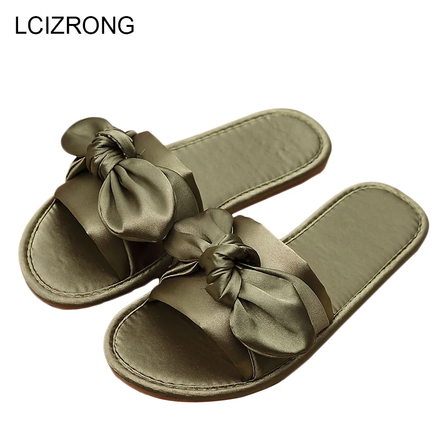 

LCIZRONG Autumn Satin Indoor Home Slippers Women Butterfly-knot Slapping Shoes Woman High Quality Fashion Bedroom Slippers Mujer