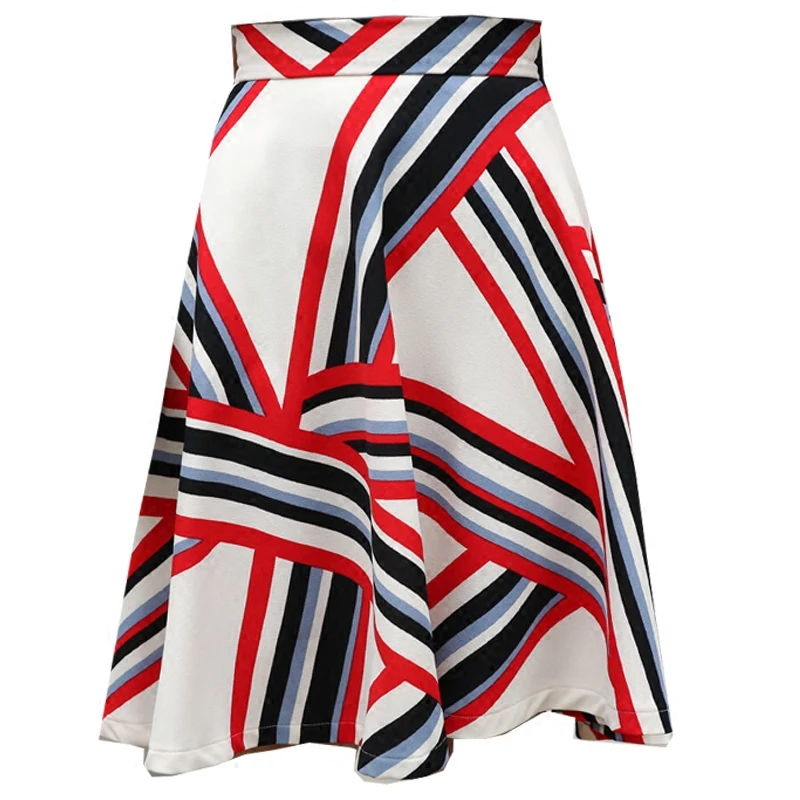 

PERHAPS U White Red Geometric Print Knee Length Skirt Empire High Street Summer A Line S0077