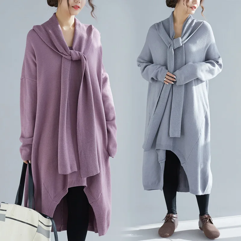Johnature Knit Solid Color Women Long Sweater Dress Spring 2019 Casual Loose Irregular Grey Purple(including scarf) Sweaters New | Женская