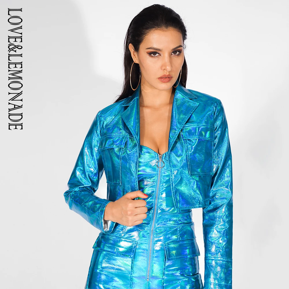 Женская облегающая куртка LOVE & LEMONADE прямая синяя из искусственной кожи с