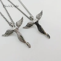 black knight full crystals wings angel pendant necklace silver color stainless steel wing beauty angel necklace fashion blkn0691