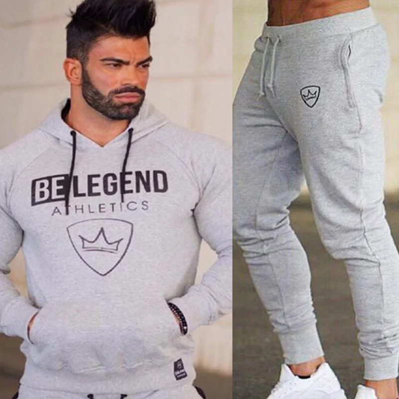 Gray(Sets) Мужские комплекты спортивной одежды для бега, спортивные штаны, спортивные штаны для тренажерного зала, фитнеса, тренировок, кроссфита, толстовки, штаны, мужские спортивные Брендовые спортивные костюмы для бега - Цвет: Gray(Sets)