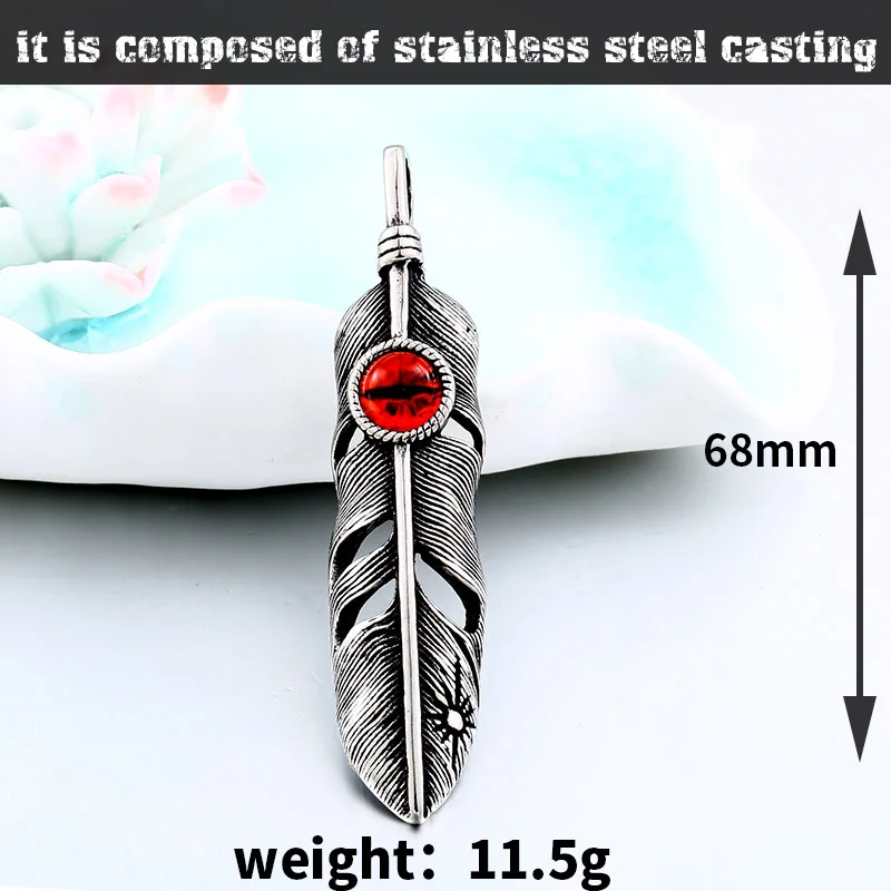 BEIER Stainless Steel Retro Feather with Red evil eye charm Pendant Necklace Vintage Leaf Jewerly for men women gift LHP028 | Украшения и