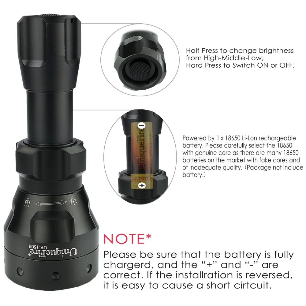 UniqueFire 1503 Lamp Troch 940nm T50 Мощный Инфракрасный тактический фонарь с хвостовым выключателем, прицелом, USB зарядным устройством