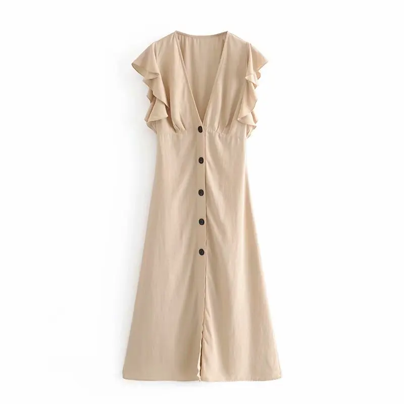 Стильное шикарное платье с длинными рукавами и оборками на пуговицах 2019 Модный