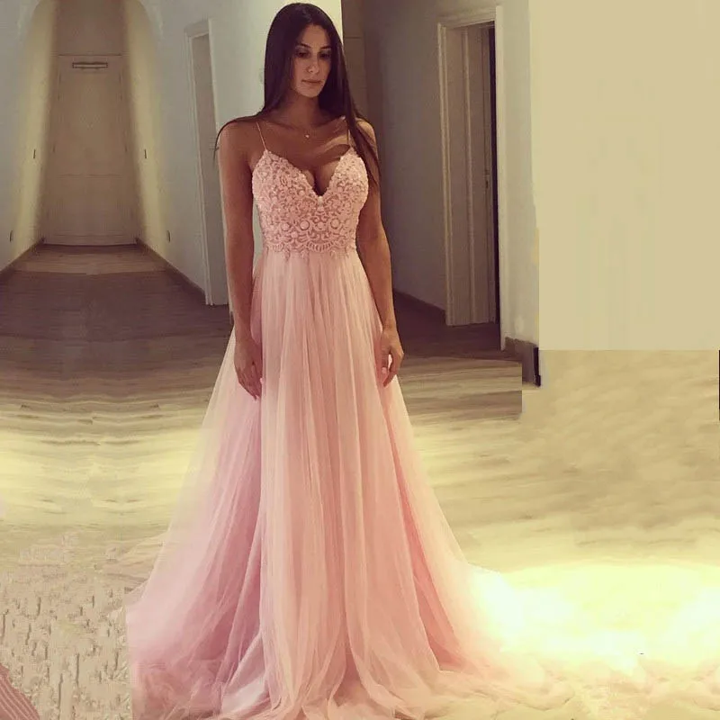 Спагетти ремень Розовый Тюль аппликация для выпускных платьев v образным вырезом