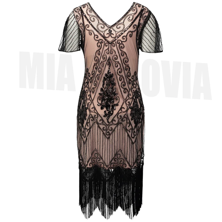 1920s Vintage Great Gatsby Dress V-Neck Embellish Beaded Sequin Flapper Evening Party Dress Short Butterfly Sleeve Robe Vestidos
