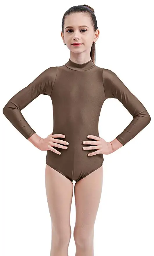 Коричневый AOYLISEY Kids Basic балетное боди с длинным рукавом Водолазка для девочек гимнастика лайкра спандекс детские комбинезоны для малышей танцевальные костюмы - Цвет: Коричневый