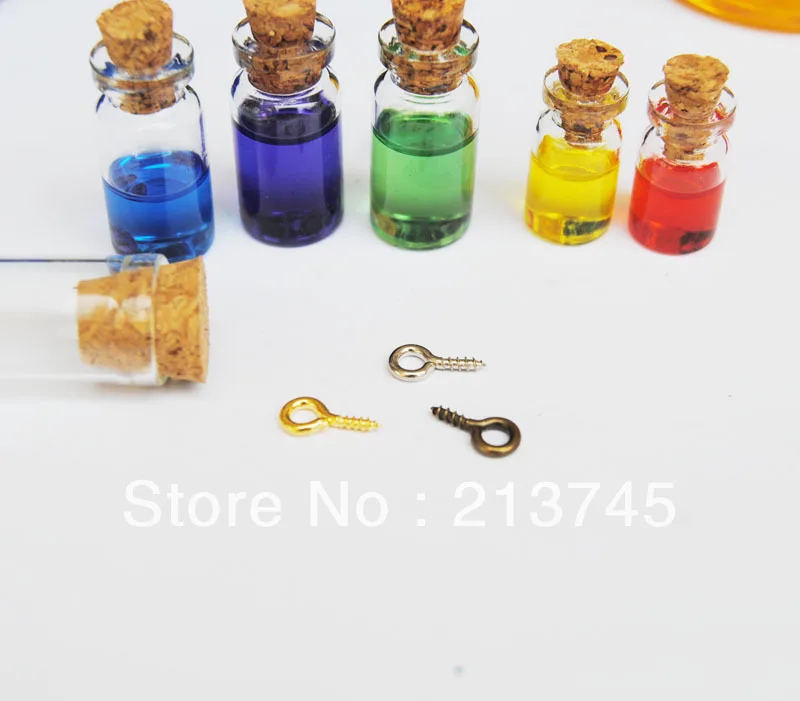 

Free shipping !!! 100pcs/lot 10x18mm cork & dull silver Eyehook Tiny Clear Glass Bottles Vials Charms Pendants 0.5ml