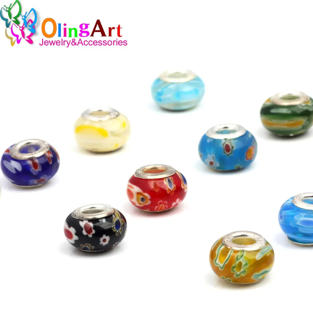 

OlingArt 15x10mm 8 Pcs/Lot Thousands of flowers multicolor Big Hole European Beads DIY Bracelet Necklaces Jewelry making