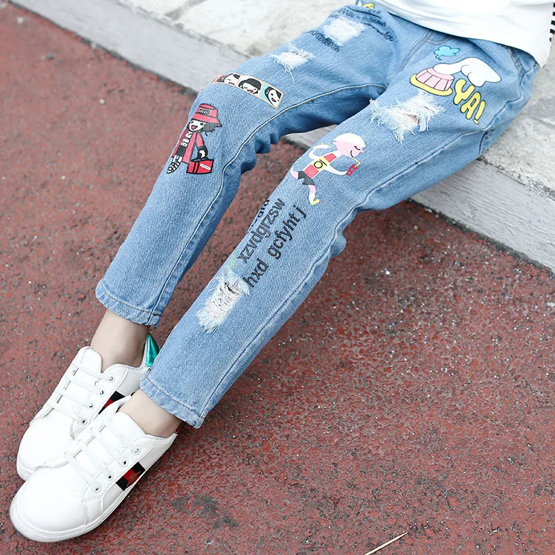 Джинсы для девочек весна лето 2019 детская одежда модные джинсы с мультяшным