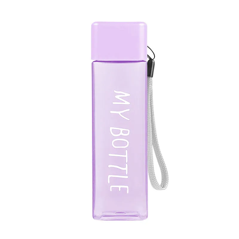 Transparent Purple Новинка, My bottle, квадратные пластиковые бутылки для воды, для питья, 500 мл, бутылка для воды с веревкой, прозрачная или матовая, Спортивная, корейский стиль - Цвет: Transparent Purple