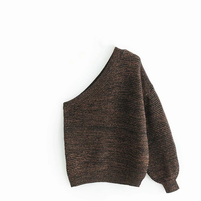 Women Bronze Red Single Shoulder Sweater Female Sexy Sleeve Warm Pullover 2018 Autumn Winter Women-s Knitwear pull femme | Женская