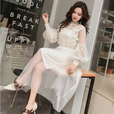 Stinlicher Sweet Long-Sleeved Stand-Neck Party Dresses Women Mesh Streetwear Mid-Calf Dress Female 2020 Summer Lace Blue | Женская