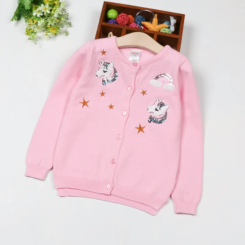S30180-pink Свитер для маленьких девочек с рисунком единорога; хлопковый Детский кардиган с вышивкой и блестками; милые рождественские свитера; коллекция года; осеннее пальто - Цвет: S30180-pink