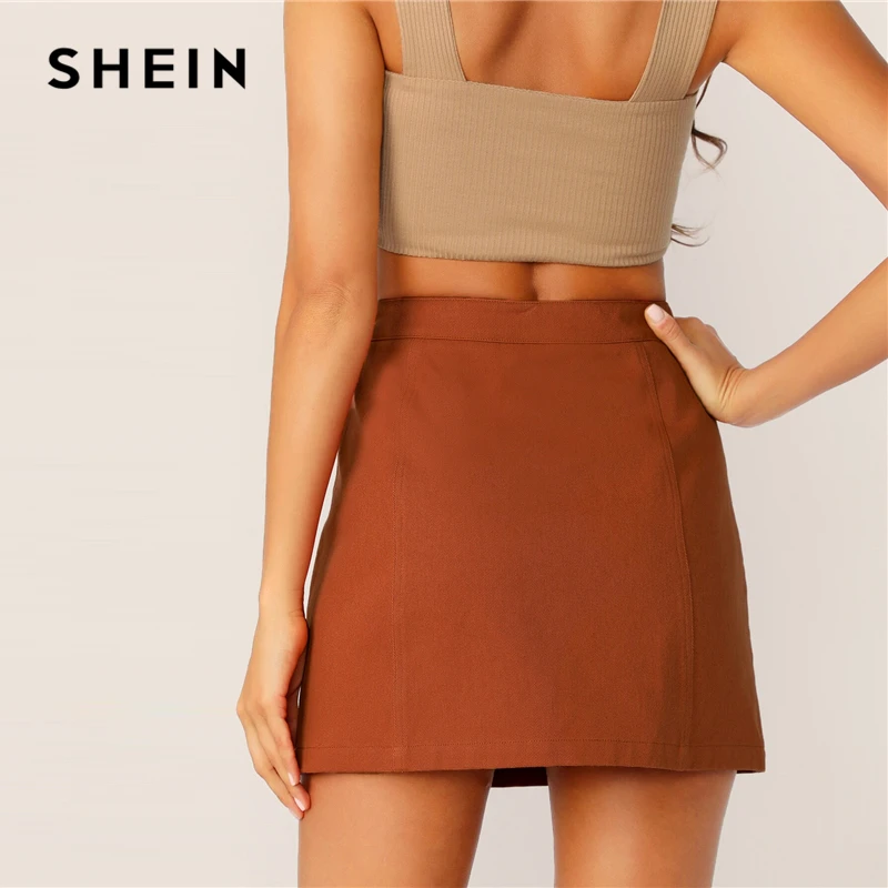 SHEIN юбка с пуговицами спереди, корейский стиль, коричневая, высокая талия, трапециевидная юбка,, весна-лето, Женская мини-юбка