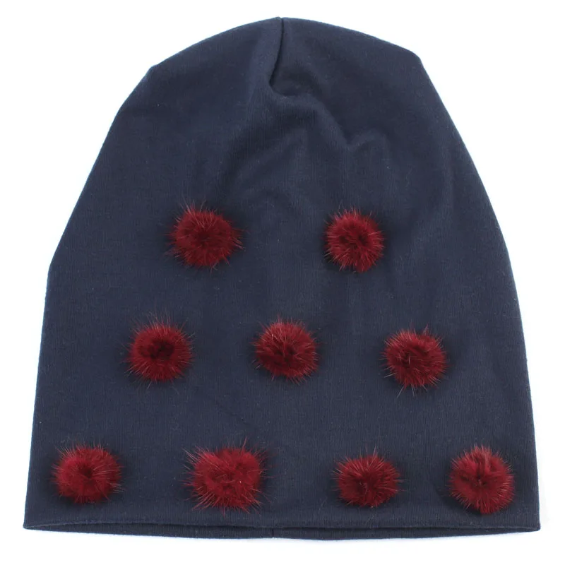 Wine Red Navy Geebro зимняя женская Шапка-бини с помпоном простые хлопковые мешковатые шапки-Боб с помпонами из меха норки Skullies& Beanies chapeau femme - Цвет: Wine Red Navy