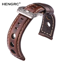 hengrc cowhide watch band belt oil wax genuine leather dark brown women men watchbands strap with buckle spring bar