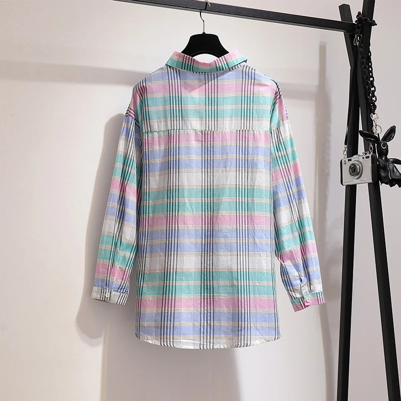 2XL-6XL Осень Большой размер Повседневная Длинная рубашка с длинным рукавом клетчатая Женская свободная рубашка Длинные Блузки Женская 5XL плюс размер рубашки