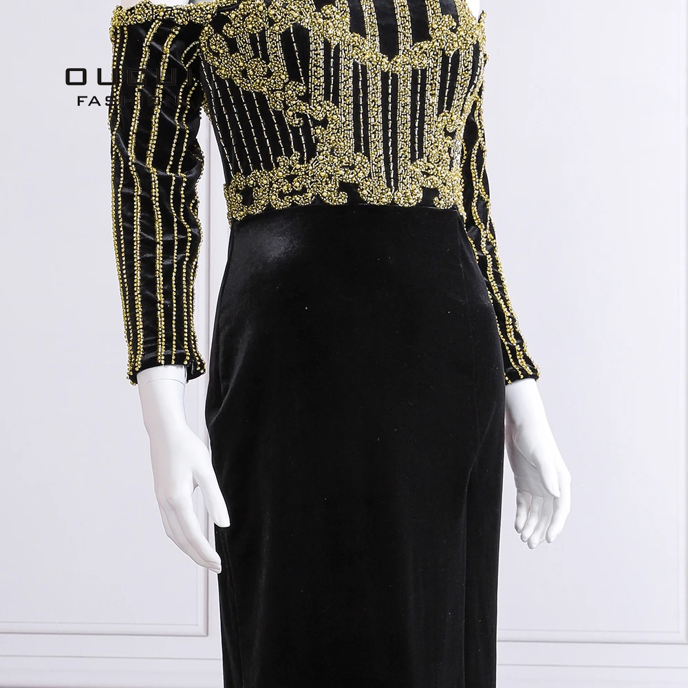 

Dubai Gold Halter Black Formal Dresses Evening Gown 2019 Latest Design Long Sleeve Sparkly Beaded Mermaid Prom Dress OL103431