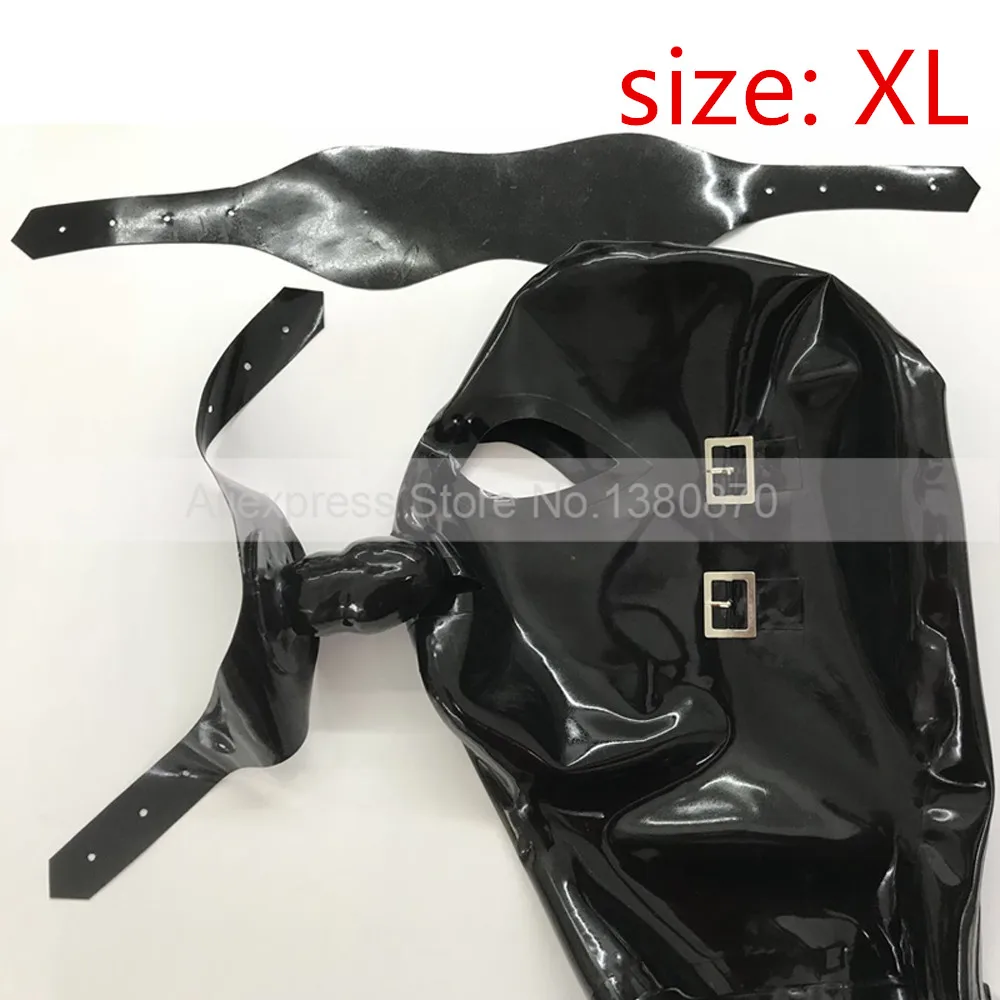 size XL Черный унисекс латексный капюшон с глазами рот заглушка кляп прикреплен к рот кусок S-LM178 - Цвет: size XL