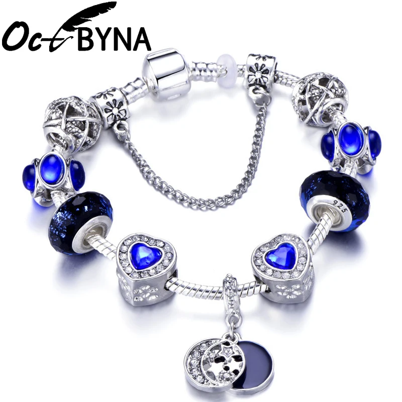 OCTBYNA, звездное небо, серебряная цепочка, очаровательный браслет для женщин, романтичный синий браслет с бусинами, браслет, Брендовое ювелирное изделие, подарок для девочки