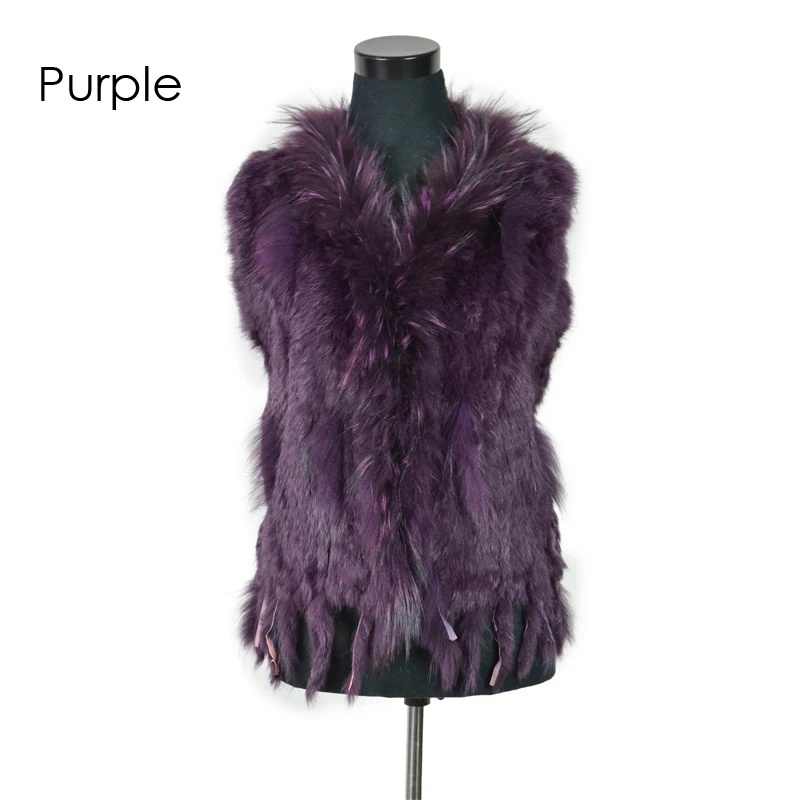 Purple VR001-17,, женский жилет из натурального кроличьего меха с воротником из меха енота, жилет/куртки из кроличьего меха - Цвет: Purple