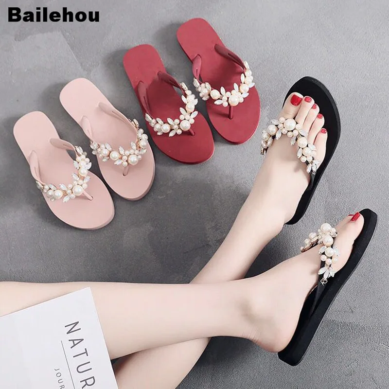 

New Women Beach Slippers Rhinestone Pearl Flip Flops Home Outside Slipper Women Platform Sandals Flat Casual Shoes Slip On Slide