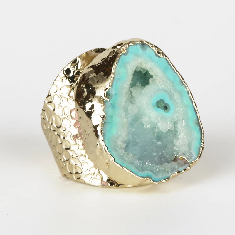 geode Чистый золотой цвет грубый сырой бледно-розовый детский геодезический кварц Кристалл Камень ломтик бисера Шарм Регулируемый Открытый чеканка кольцо манжеты для женщин - Цвет основного камня: geode