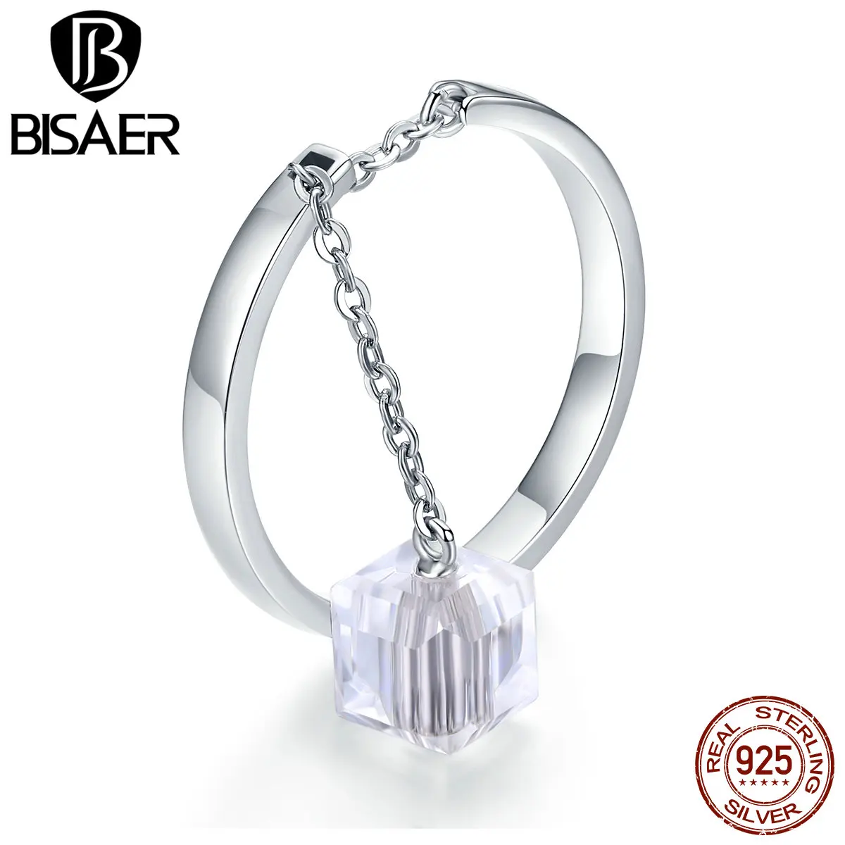 BISAER, 925 пробы, серебряная цепочка с кристаллами, регулируемые кольца для женщин, модное ювелирное изделие, Кольцо большого размера GXR488