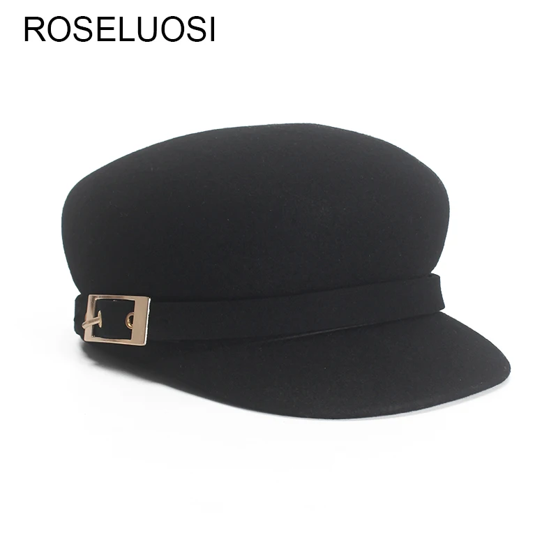 ROSELUOSI осень зима шерсть военные шапки для женщин Мода черный военный колпак
