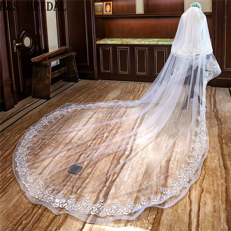 H&ampS BRIDAL 3.5 Meters Cathedral Wedding Veils Long Lace Applique Bridal Veil with Comb 2019 Accessories Bride Veu | Свадьбы и
