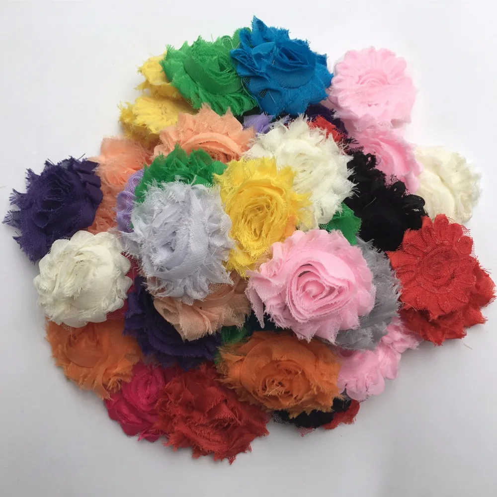 50 шт./лот DIY Потертый шифон ткань цветы для волос одиночные твердые цвета