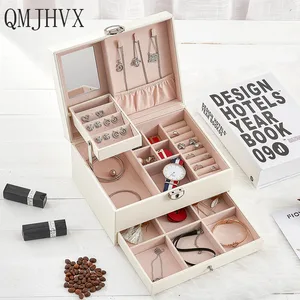 Автоматическая кожаная шкатулка для ювелирных изделий QMJHVX, трехуровневая шкатулка для хранения женских сережек, колец, косметический органайзер, шкатулка для украшений