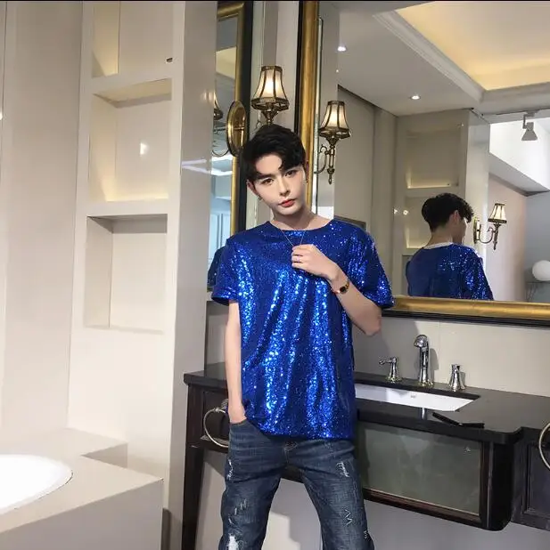 

]Trend men's stage show sequins T-shirt men's personality gold and silver night DJ hair stylist casual half-sleeved t-shirt
