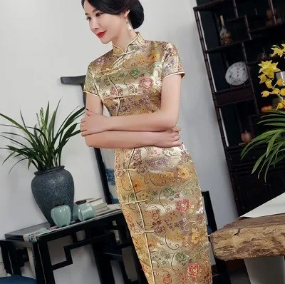 Golden SHENG COCO золотой парчи Qipao китайские платья узор Лето Атлас Qipao наклона пряжки длинные модератор одежда зеленый XXXL - Цвет: Golden