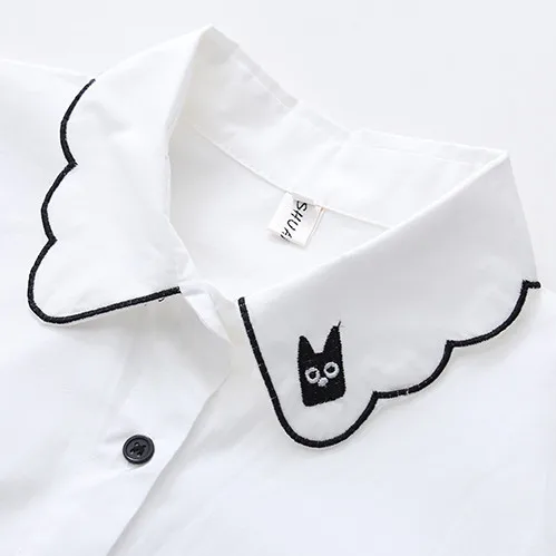 Осень 2020 Kawaii Body Tops вышивка блуза с принтом кошки белая рубашка преппи корейские