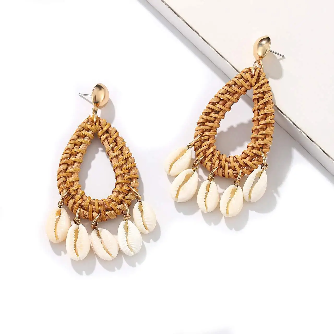 Bohemian Summer Earring Jewelry with Handmade Staw Weave Rattan Knit Sea Ocean Shell for Women Gift | Украшения и аксессуары