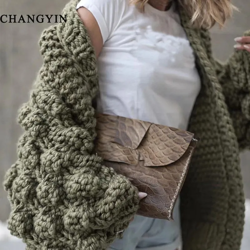 ChangYin Hollow Sweater Cardigan For Women Autumn Long Sleeve Knitted Loose Big Size Female Jumpers Open Stitch Casual Chunky |