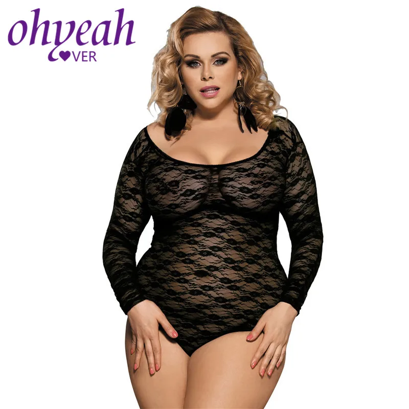 Ohyeahlover Черное Кружевное боди прозрачное женское сексуальное с длинным рукавом