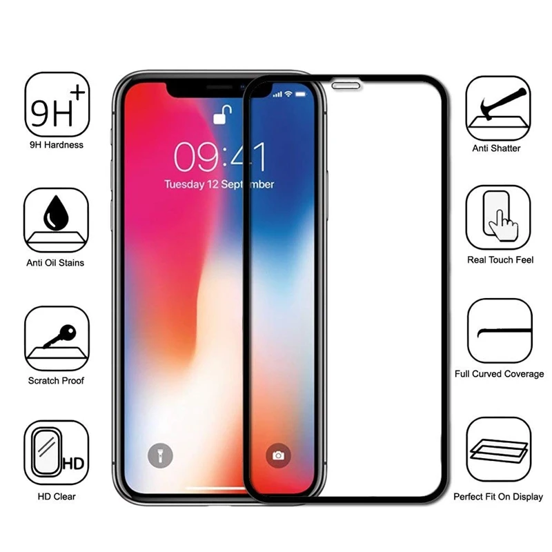 Противоударное закаленное стекло 9D подходит для iPhone X XS Max XR 6 6s 7 8 Plus с прочной