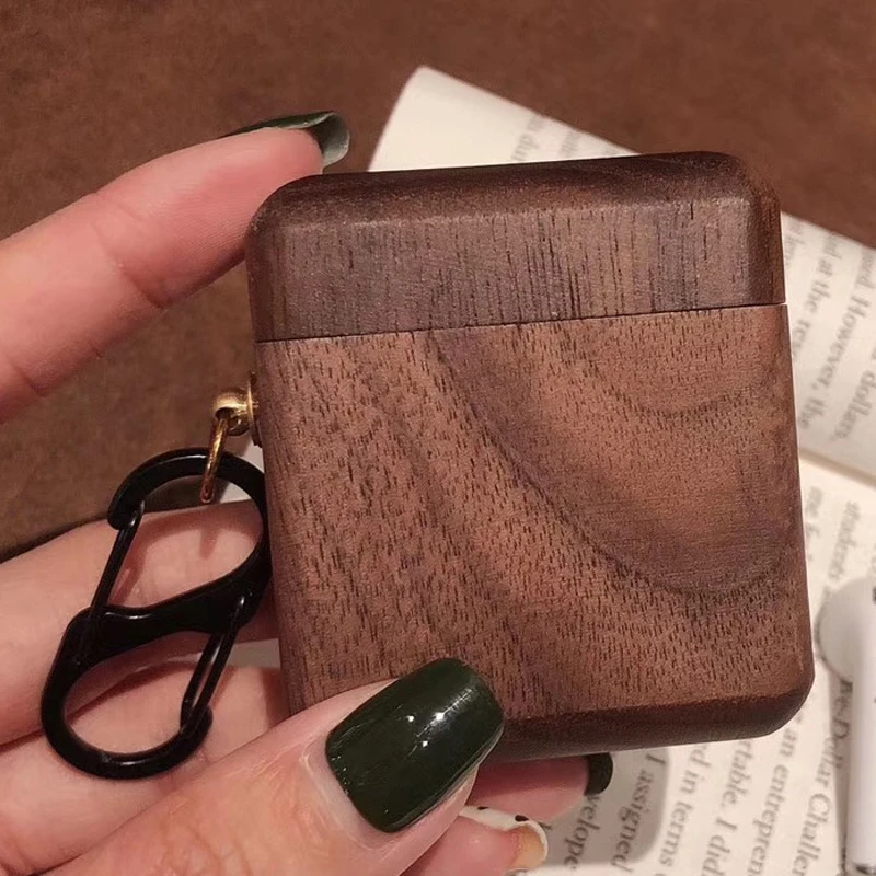Black walnut wood Ретро натуральный твердой древесины для AirPods деревянный защитный чехол Apple Bluetooth беспроводная гарнитура жесткий корпус с крючком - Цвет: Black walnut wood