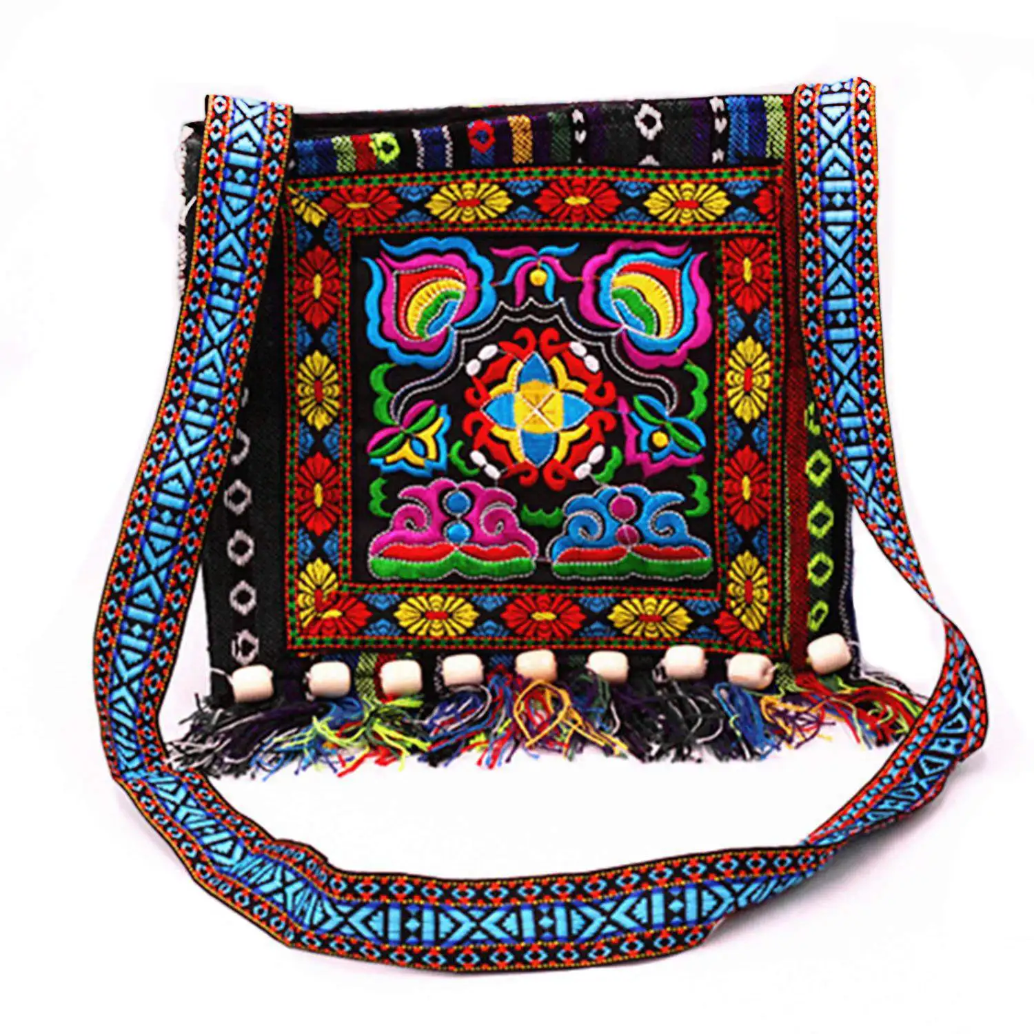 

FGGS Hmong Vintage Chinese National Style Ethnic Shoulder Bag Embroidery Boho Hippie Tassel Tote Messenger